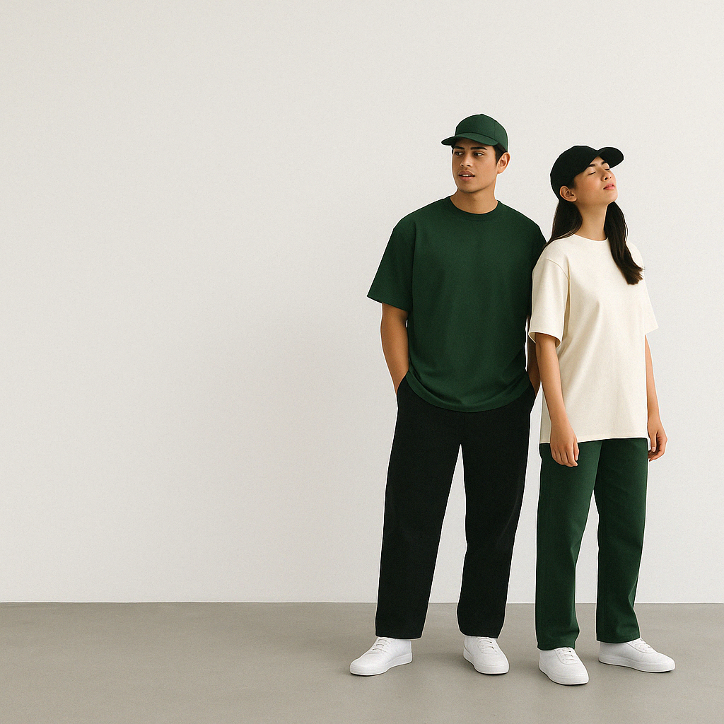 Male and female wearing oversized tshirts